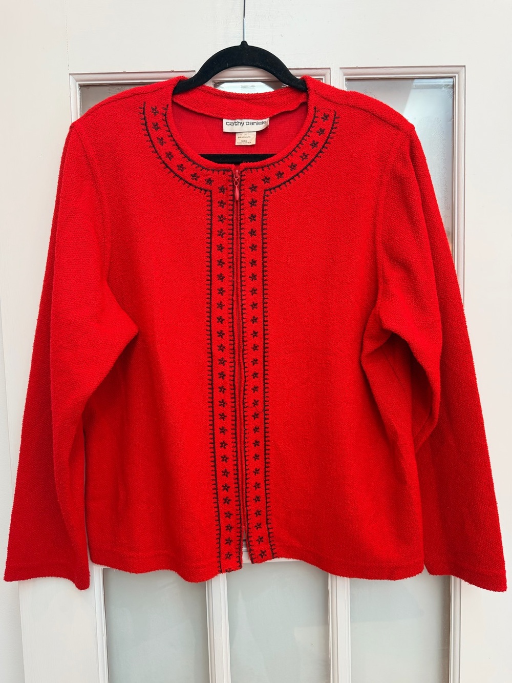 Vintage Cathy Daniels 90’s Red Embroidered Zip Front Cardigan Sweater Size XL - Picture 1 of 9